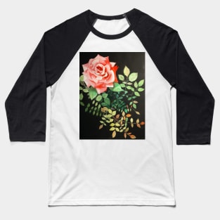 Pink rose watercolor painting with rose leaves and a dark background Baseball T-Shirt